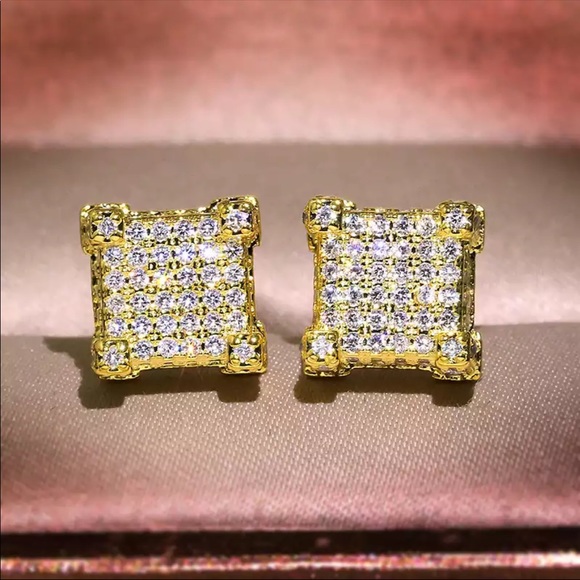 New mens square cubic zirconia gold earrings